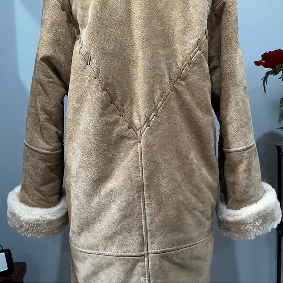 VINTAGE Charles Klein Suede Sherpa Hooded Longline Whipstitch Winter Car Coat XS - Picture 8 of 16